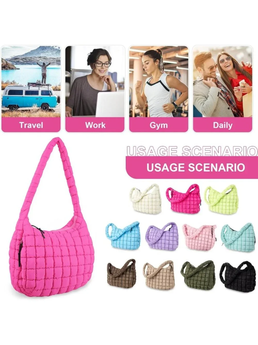 Lightweight Quilted Puffer Tote Bag | Puffy Crossbody Shoulder Hobo Purse